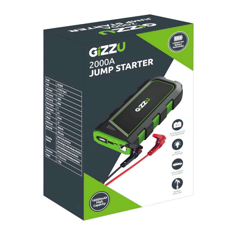GIZZU 2000A Jump Starter 16400mAh – Black